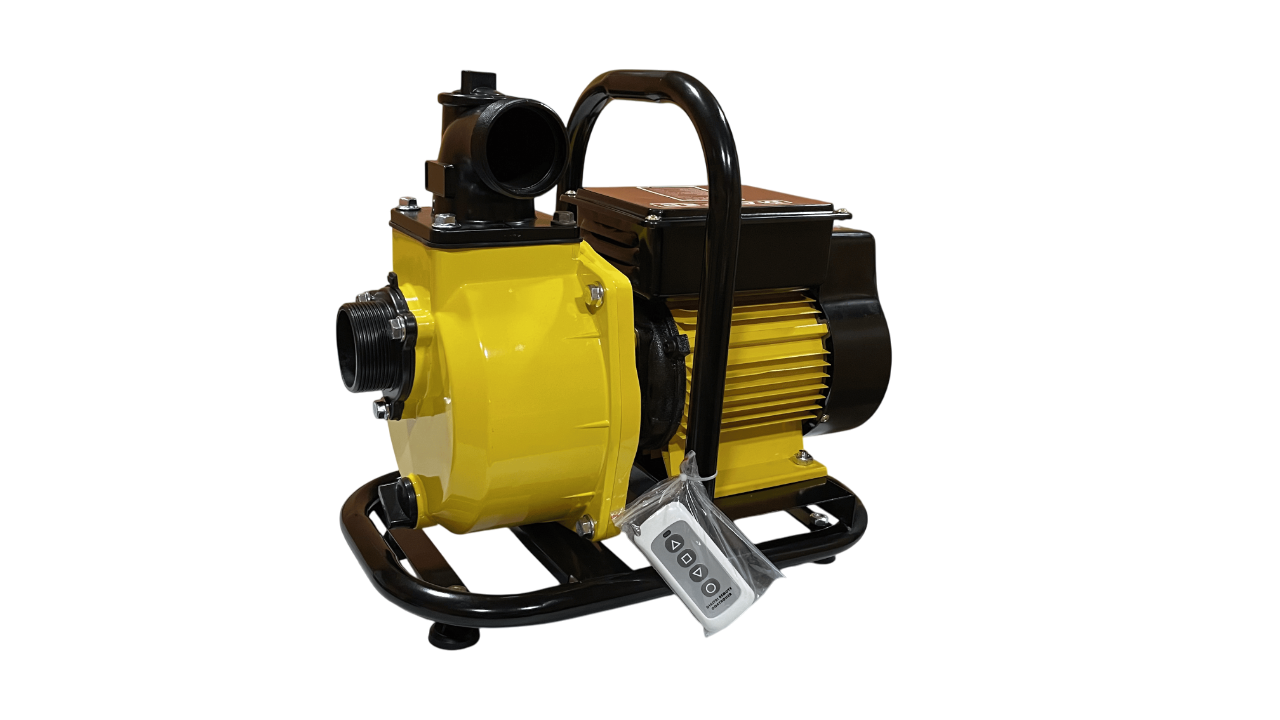 Bomba de agua de color amarillo y negro, con asa de transporte